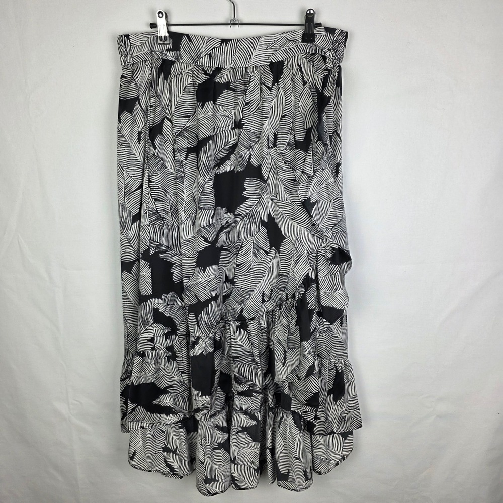 Worthington Black White Palm Leaf Print Ruffle Hi-low Maxi Faux Wrap Skirt Large